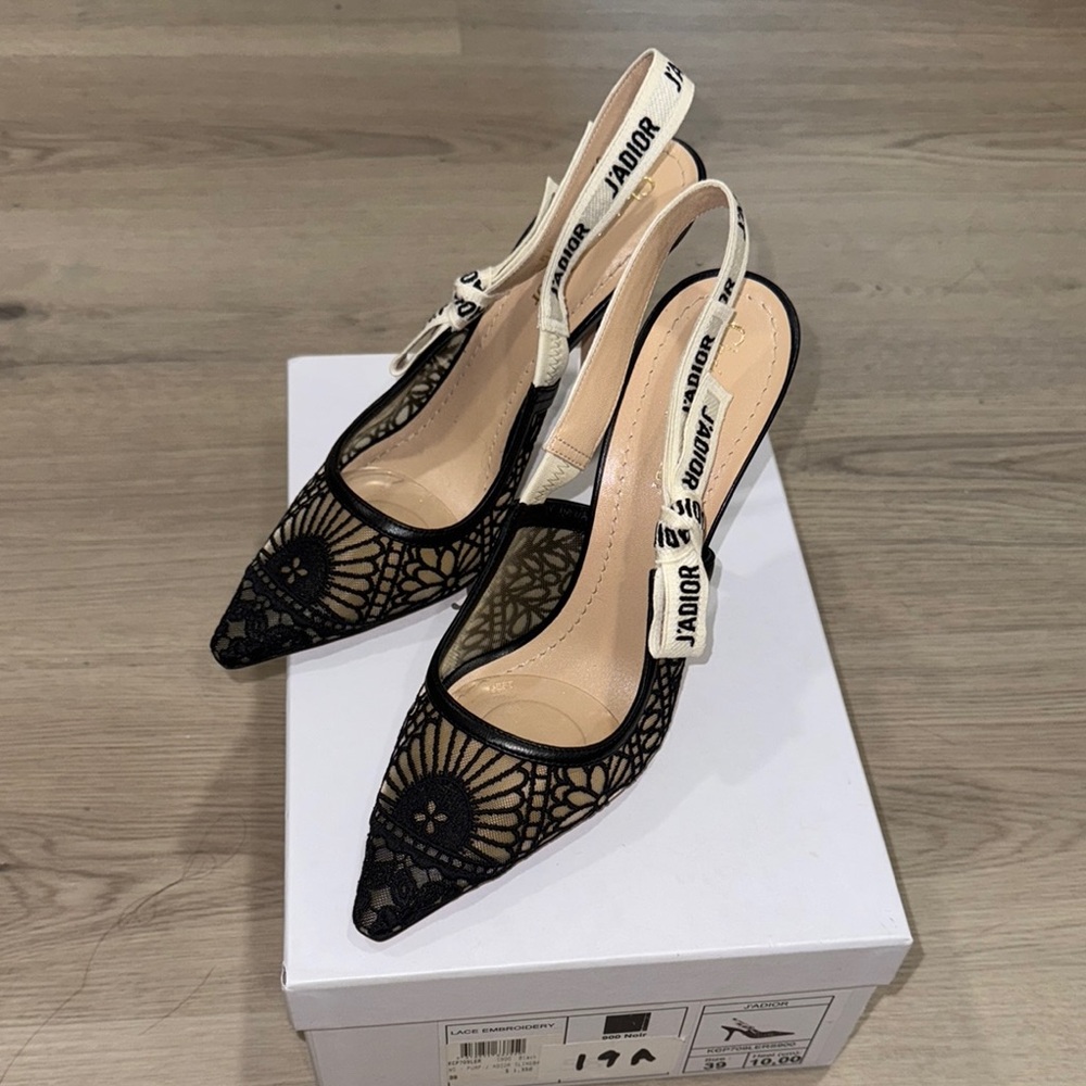 NEW Never Worn Dior Black Lace Slingback Heels